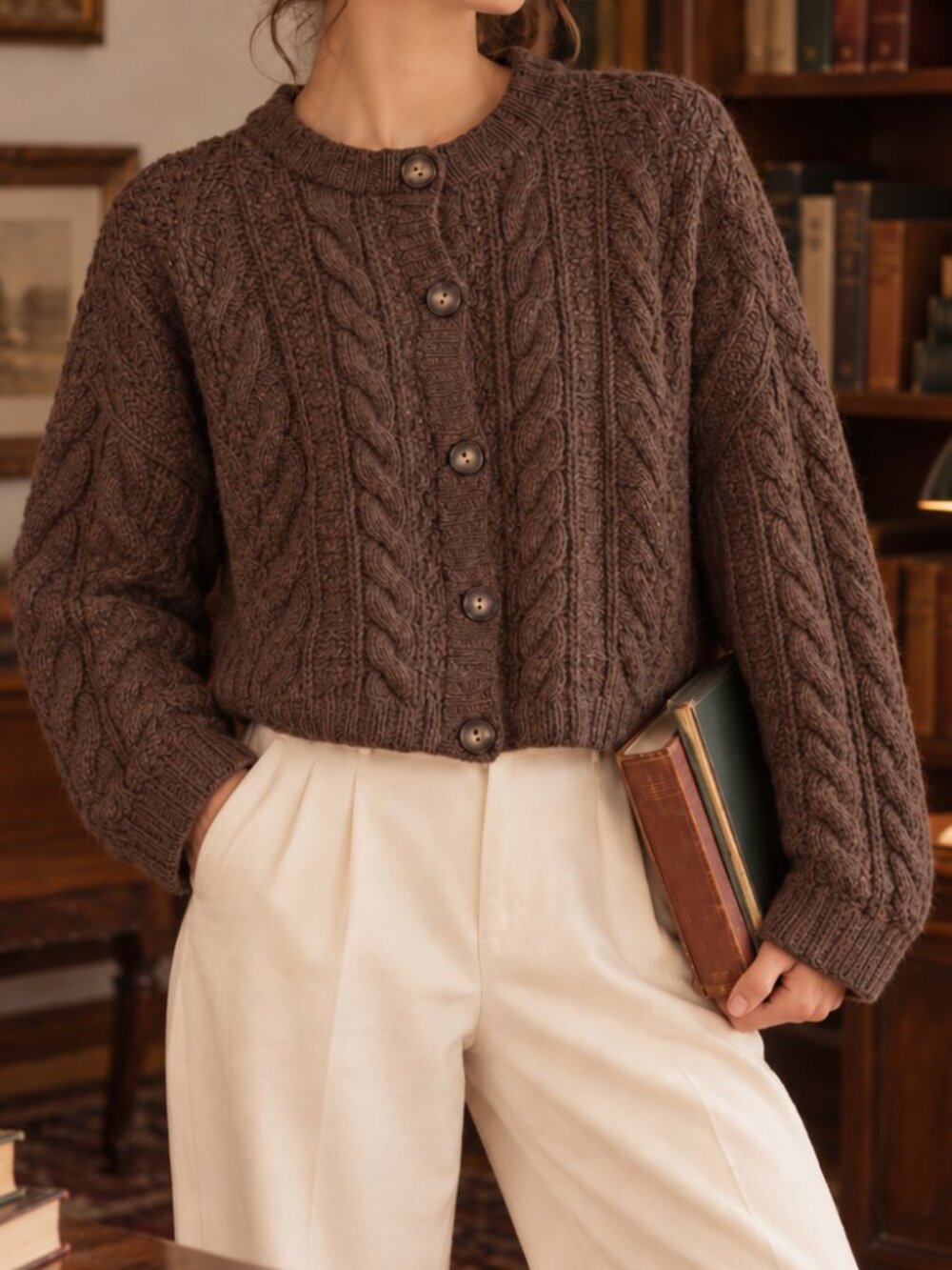 Vintage J.Crew Outfitters Oarsman Wool Cable Knit Cropped Cardigan Brown S